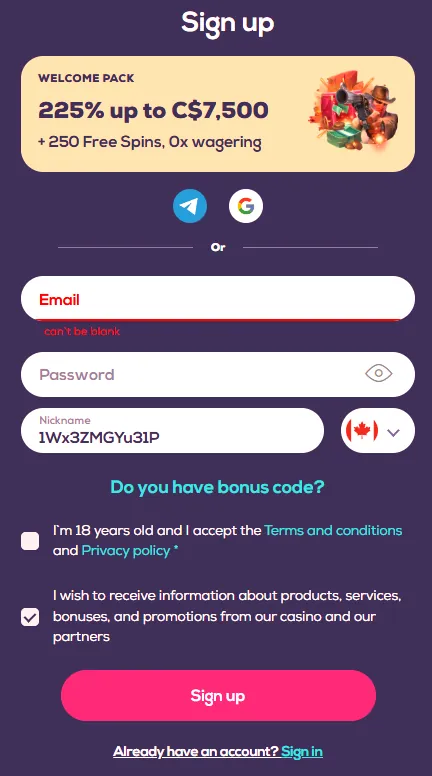 Interface of the Wild Fortune Canada sign-in page